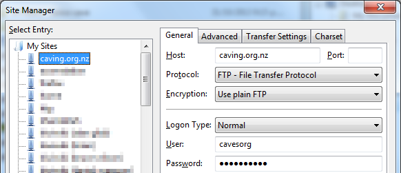 FileZilla site configuration
